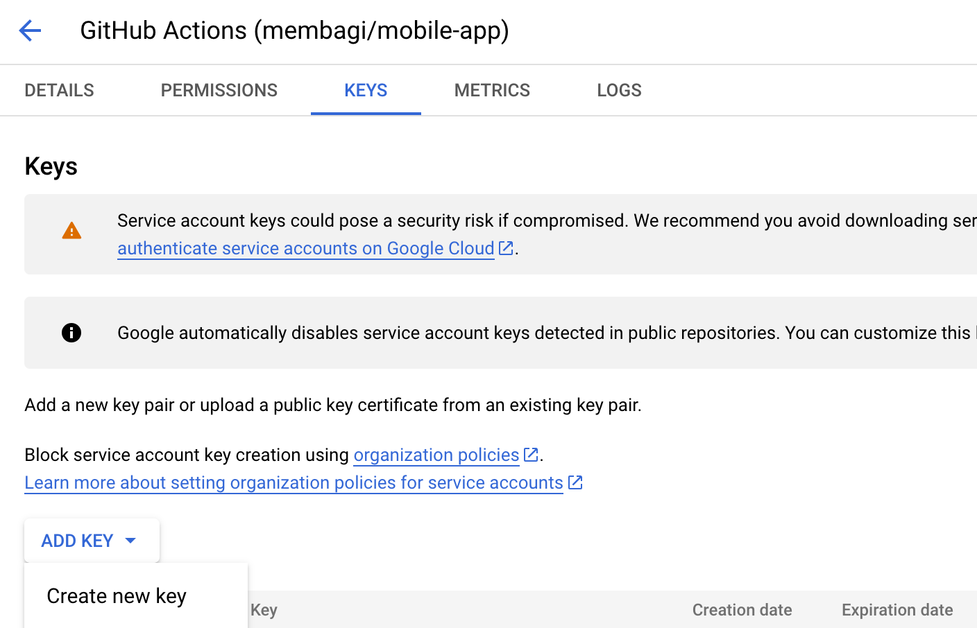 Create New Service Key